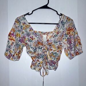 NWT H&M floral puff sleeve cinch front cropped blouse size XS